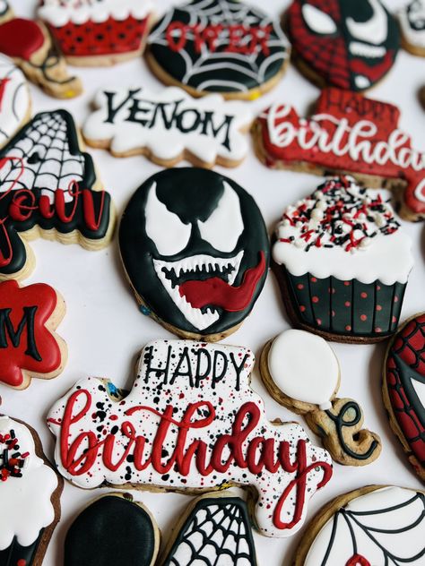 Venom And Carnage Birthday Party Ideas, Venom Cookies Decorated, Carnage Birthday Party Ideas, Venom Birthday Party Ideas Decorations, Venom Party Ideas, Venom Cookies, Venom Party Ideas Kids, Venom Cupcakes, Venom Birthday Party Ideas