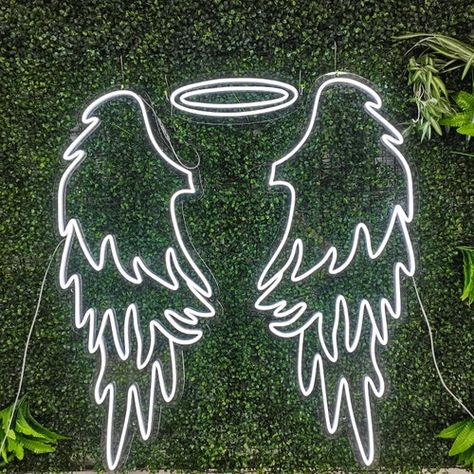 Angel Wings With Halo, Angel Wings Neon Sign, Wings Neon Sign, Angel Wings And Halo, Wings And Halo, Neon Signs Quotes, Glitter Phone Wallpaper, Nightclub Design, Camera Tattoo