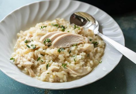 Rotisserie Chicken Risotto with Homemade Chicken Stock ~ Macheesmo Pressure Cooker Chicken Stock, Risotto Chicken, Meals With Chicken, Risotto Dishes, Chicken Risotto, Chicken Bouillon, Homemade Chicken Stock, Italian Comfort Food, Creamy Rice