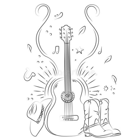 Country Music Tattoos, Guitar Doodle, Hat Sketch, Cowboy Hat Drawing, Singing Drawing, Cowboy Hat Tattoo, Guitar Birthday, Guitar Sketch, Hat Drawing