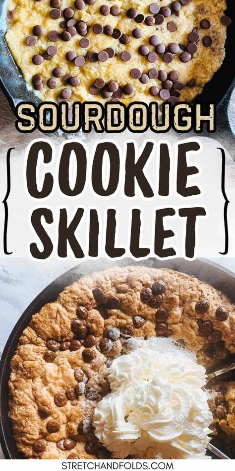 Learn how to make a delicious sourdough cookie skillet with this easy recipe. Perfect for dessert or a special treat, complete with tips, substitutions, and variations! Plus it's one more recipe in your arsenal to use up your sourdough discard in delicious recipes. Sourdough discard dessert recipes are the best, and if they include chocolate chips, that's even better! Sourdough Skillet Cookie, Discard Dessert Recipes, Discard Dessert, Sourdough Discard Dessert, Cookie Skillet Recipe, Discard Cookies, Sourdough Dessert, Chocolate Chip Cookie Skillet, Sourdough Chocolate Chip Cookies