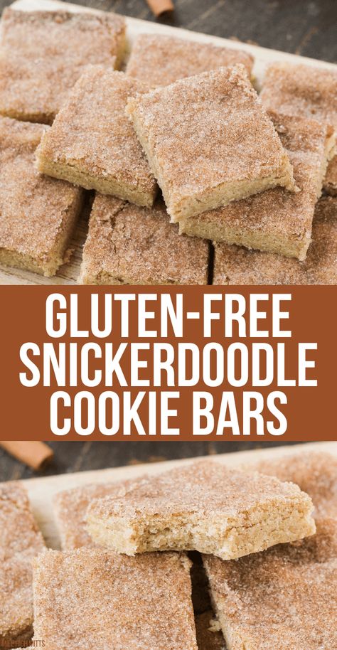 All of the best classic flavors are in these gluten-free Snickerdoodle Cookie Bars, but no rolling each cookie dough ball out and then coating it in cinnamon sugar. These bars are quick, easy, soft, with a crisp top and edges, and loaded with cinnamon sugar! They make a great Fall treat. Snickerdoodle Cookie Bars, Gluten Free Snickerdoodle Cookies, Snickerdoodle Blondies, Glutenfri Baking, Snickerdoodle Bars, Gluten Free Snickerdoodles, Gluten Free Dairy Free Dessert, Glutenfree Recipe, Gluten Free Bars