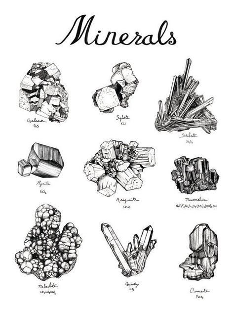 Mineral Drawings Geology Tattoo, Sketching Inspiration, Birthday Tattoo, Crystal Drawing, 39th Birthday, Arte Doodle, Drawing Poster, Scientific Illustration, Crystal Art