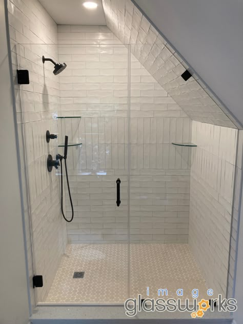 Under Stairs Bathroom With Shower Ideas, Shower With Sloped Ceiling, Showers With Angled Ceilings, Angled Ceiling Bathroom Ideas, Under Eaves Shower Room, Angle Ceiling Bathroom, Bathroom In Eves, Bathroom With Tilted Ceiling, Angled Ceiling Shower Ideas