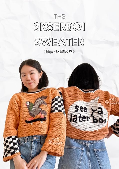 SHOP CROCHET PATTERNS - WOOL & BUGGERS Marceline Sweater Crochet Pattern, Silly Crochet Patterns, Crochet Marceline Sweater, Coraline Sweater Crochet Pattern, Crochet Lesbian Sweater, Cool Crochet, Sheep Crochet Sweater, Crochet Pullover Pattern, Crochet Octopus