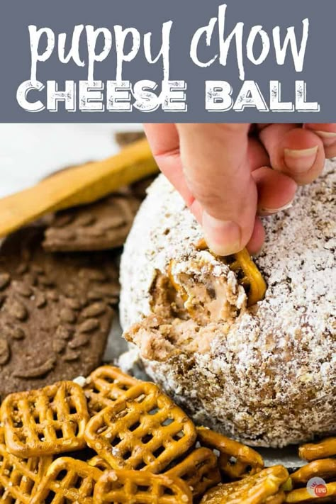 Puppy Chow Cheese Ball for Dessert  #PuppyChow #MuddyBuddies Dessert Cheese Ball, Snacks Vegetarian, Muddy Buddy, Sweet Cheese, Puppy Chow Recipes, Sweet Dips, Ball Recipes, Cheese Ball Recipes, Puppy Chow