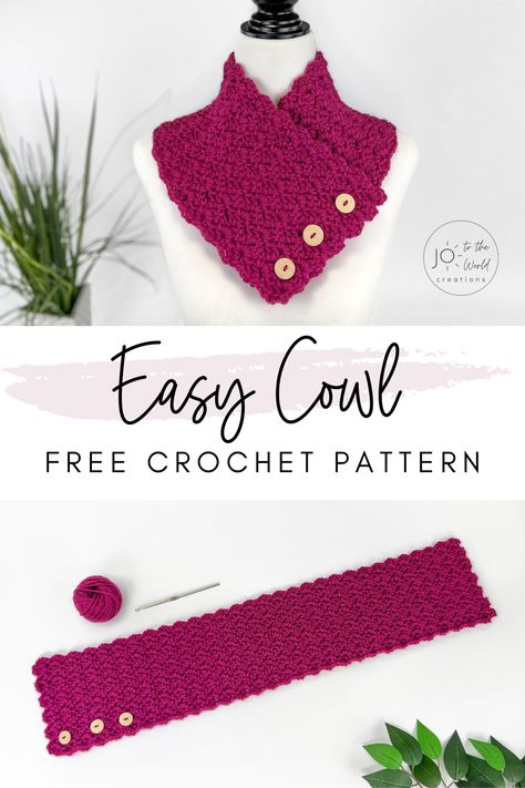 Keep your neck warm in style with this Crochet Cowl Scarf. This scarf is made with a soft acrylic yarn and it is a cozy and comfortable scarf to wear. Col Crochet, Crochet Cowl Free Pattern, One Skein Crochet, Crochet Neck Warmer, Crocheted Scarf, Crochet Cowl Pattern, Crochet Scarf Pattern Free, Crochet Buttons, Cowl Pattern