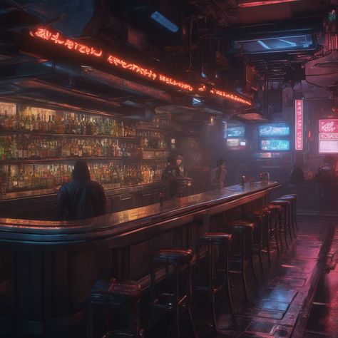 Undercity Aesthetic, Grunge City Aesthetic, 2 Person Reference, Sci Fi Bar, Scene Starters, Cyberpunk Bar, Cyberpunk Interior Design, Phoenix Ashes, Mob City