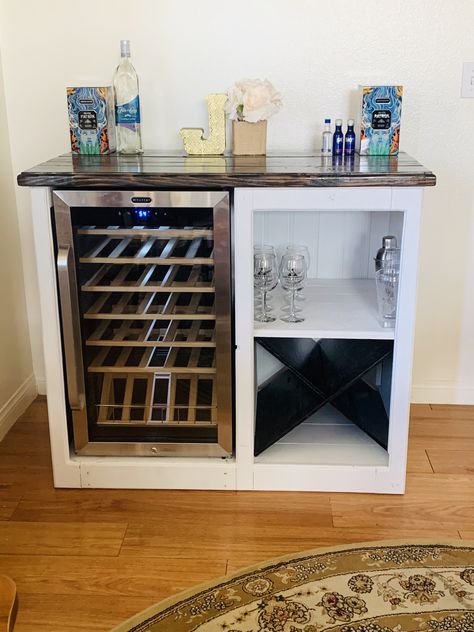 wine cooler/ mini bar Wine Fridge Cabinet Diy, Bar Cabinet With Wine Fridge, Cabinet With Wine Fridge, Cabinet With Mini Fridge, Wine Refrigerator Cabinet, Diy Liquor Cabinet, Diy Wine Bar, Wine Fridge Cabinet, Diy Bar Cabinet