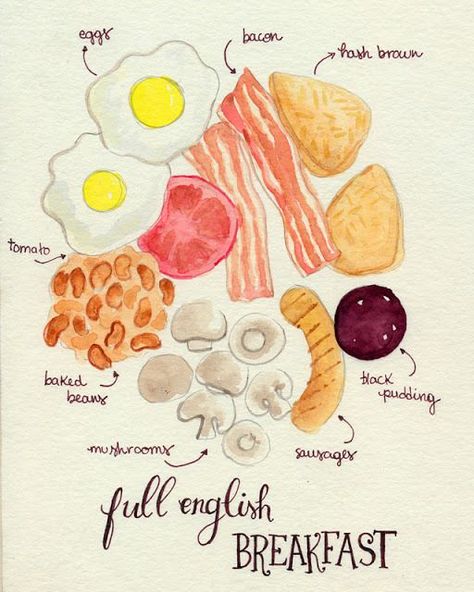 English Breakfast Illustration, Dessert Illustrations, Breakfast Theme, Draw Everyday, British Breakfast, Drawn Food, British Girl, Breakfast Photography, Breakfast For A Crowd