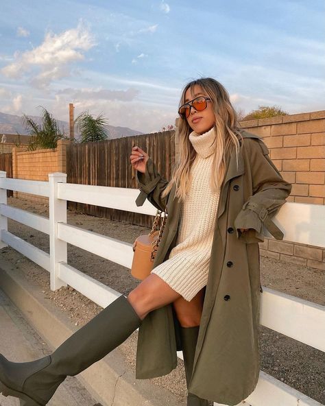 Olive Green Winter Outfits, Olive Boots Outfit, Jumper Dress Outfit, Olive Trench Coat, Olive Green Boots, Outfit Botas, Outfit Zara, Dirty Thirty, Green Boots