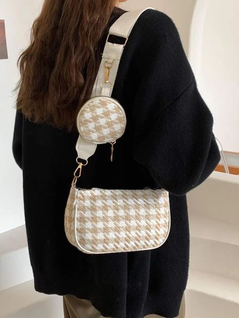 Houndstooth Bag, Phone Bag Pattern, Round Purse, Casual Crossbody Bag, Elegant Pattern, Women Bags Fashion, Vintage Plaid, Types Of Bag, Small Crossbody Bag