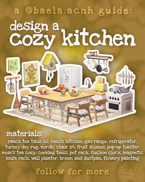 Baela / Animal Crossing Guides & Tips | 📌 SAVE THIS GUIDE and steal my method to designing a cozy kitchen in Animal Crossing! 🐸 follow @baela.acnh to play more Animal Crossing 🏝… | Instagram Acnh Guide, Happy Home Paradise, Plaza Design, Acnh Cottagecore, Animal Crossing Guide, Island Theme, Animal Crossing Qr Codes Clothes, Animal Crossing Wild World, Animal Crossing Pocket Camp