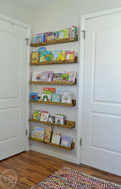 What a great use of unused space behind a door! Add book ledges to store books or small toys. Uv Room, Book Storage Small Space, Book Ledges, Book Ledge, Small Playroom, Guest Bedroom Remodel, Small Bedroom Remodel, Nursery Bookshelf, Build A Playhouse