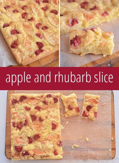 Apple and Rhubarb Slice - super easy recipe. Apple Rhubarb Cake Recipes, Apple And Rhubarb Cake, Apple And Rhubarb Recipes, Rhubarb Apple Recipes, Rhubarb And Apple Recipes, Apple Rhubarb Recipes, Rhubarb Ideas, Rhubarb Rhubarb, Apple Rhubarb