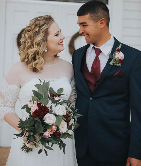 Burgundy, blush, white and cream wedding scheme come alive with this Bridal Bouquet and Boutonnière made with quicksand and blush pink roses, white and burgundy mums and mixed greenery. Bride And Groom Bouquet, Wedding Boutineers Burgundy, Burgundy And White Boutonniere, Wine Blush And Ivory Wedding, Burgundy And Blush Boutonniere, Burgundy Blush And Greenery Wedding, Burgundy And Blush Wedding Groomsmen, Burgundy And Cream Wedding, Burgundy And White Wedding