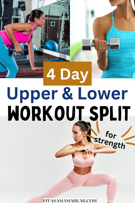 Use this upper lower split workout to gain strength while working out at home. A 4-day workout routine to help boost volume and results. @fitasamamabear Strength Training Split For Women, Upper And Lower Body Workout Schedule, 4 Day Split Workout Women, Lower Body Split Workout, 4 Day Split Workout Routine For Women Beginner, 4 Day Workout Plan, Upper Lower Split Workout Women, 4 Day Split Dumbell Workout Women, 4 Day Gym Split For Women