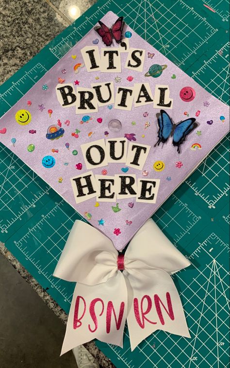 Olivia Rodrigo Brutal inspired Olivia Rodrigo Bulletin Board, Olivia Rodrigo Graduation Cap, Olivia Rodrigo Grad Cap, Olivia Rodrigo Craft Ideas, Diy Olivia Rodrigo Stuff, Minecraft Graduation Cap, High School Musical Graduation Cap, Grad Cap Ideas Music, Barbie Graduation Cap