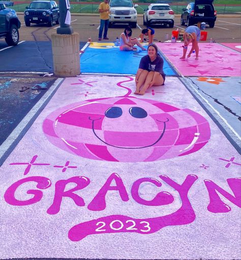 Bestie Senior Parking Spots, Colorful Senior Parking Spots, Theatre Senior Parking Spot, Twin Parking Spot Ideas, Senior Bum Parking Spot, 2024 Senior Parking Spot, Disco Ball Parking Spot, Senior Parking Spot Girly, Disco Ball Senior Parking Spot