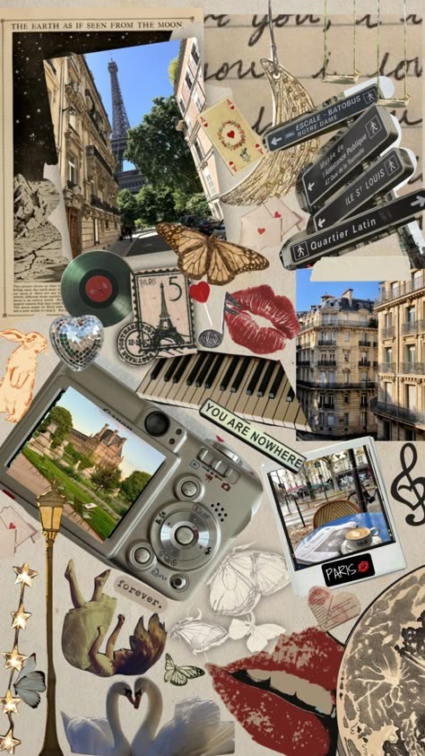 Vintage Camera Aesthetic Wallpaper, Life Collage, Wallpaper Cantik Iphone, Aesthetic Collages, Love Collage, Paris Aesthetic, Collage Vintage, Collage Background, Paris Love