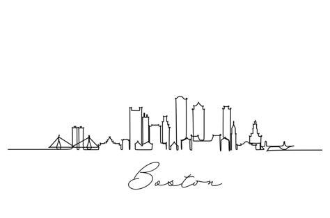 Single line drawing Boston city skyline, United States. Historical town landscape in world. Best holiday destination wall decor art. Editable trendy continuous line draw design vector illustration Boston Tattoo Ideas City Skylines, Boston City Skyline Drawing, Boston Drawing City, Boston Skyline Drawing, Boston Skyline Tattoo, Boston Tattoo Ideas, Boston Drawing, Boston Skyline Silhouette, Boston Illustration