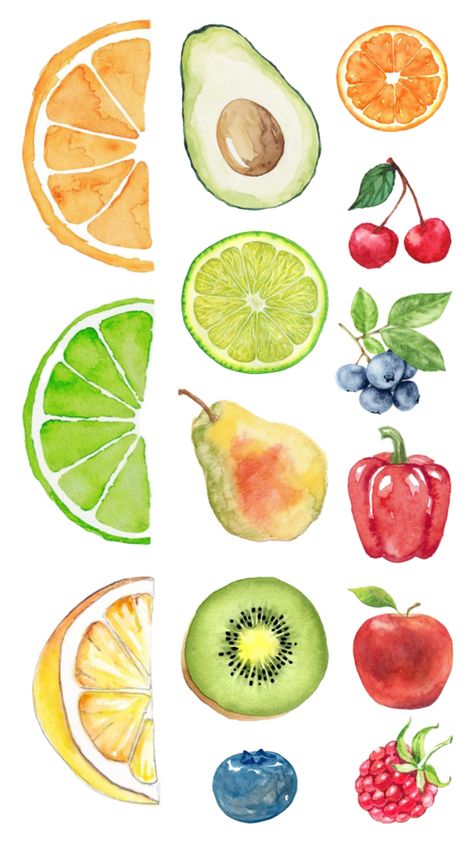 Fruit Collage, Fruit Cartoon, Watercolor Fruit, Watercolor Paintings Easy, Fruit Painting, Easy Watercolor, Scrapbook Journal, Gouache Painting, Fruit Basket