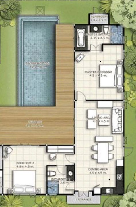 House With Swimming Pool, House With Pool, Small Villa, Pool House Plans, Casa Country, Modern Bungalow House, Small House Floor Plans, House Plan Gallery, Home Design Floor Plans