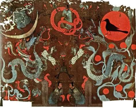 Top Tier of the Painted Silk Banner from the Tomb of Lady Dai Mawangdui Ch'angsha, Hunan Province, Western Han Dynasty, circa 168 BC. Han Dynasty Art, Visual Analysis, Brown Board, Asian Dragon, Han Dynasty, Chinese History, Painted Silk, After Life, China Art