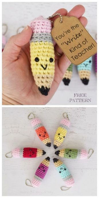 Crochet Diy Keychain, Pencil Amigurumi Free Pattern, Crochet Teacher Ornaments, Crochet Gift For Teacher Free Pattern, Crochet Teacher Keychain, Teacher Crochet Gifts Patterns, Crochet Projects For Teachers, Teacher Gift Crochet, Crocheted Teacher Gifts