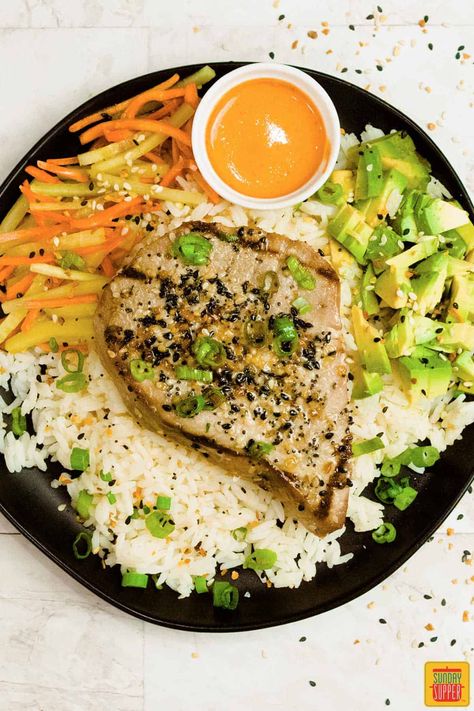 Grilled Tuna Steak with Spicy Poke Bowl Sauce - Sunday Supper Movement Sauce For Tuna Steak, Poke Bowl Sauce, Perfect Rice Recipe, Grilled Tuna Steak, Tuna Steak Recipe, Grilled Tuna Steaks, Smoked Tuna, Ahi Tuna Steak, Tuna Steak Recipes