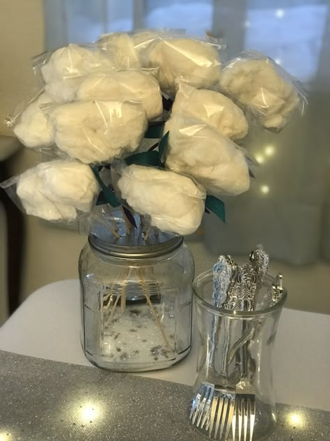 Cloud Candy Table, What Cloud It Be Gender Reveal, Cloud Party Favors, Cloud Gender Reveal Ideas, Cloud Dessert Table, All White Gender Reveal, Gender Reveal Cotton Candy, Quince Snacks, Cloud 9 Prom