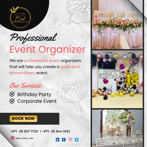 Looking for a professional event organizer? Our professional event organizers can help you create an unforgettable experience for your guests. Your guests will be wowed by our attention to detail and our commitment to creating unforgettable experiences. #besteventuae #eventplanning #events #professionaleventplanner #eventmanagement #eventplanning #eventexecution #memorableevents #eventcoordination #eventservices #dubai #uae Event Organizer Planners, Event Planning Poster, Event Planning Flyer, Event Portfolio, Event Planning Proposal, Event Planning Business Logo, Mosaic Lamps, Event Planner Business Card, Event Brochure