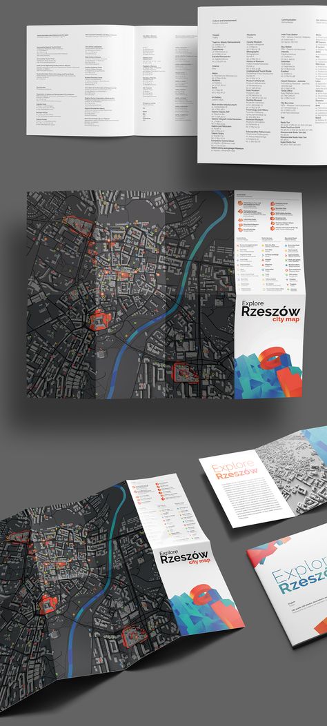 Explore RzeszowRzeszow is a beautiful city which with open arms welcomes all who choose to visit the capital of Subcarpathia. Openness, hospitality and fondness of Rzeszow’s residents to new, beautiful ideas, offer tourists and investors who come to Rze… Map Style Design, Tourist Brochure Design, Tourist Guide Design, Business Roadmap, City Guide Design, Travel Brochure Design, Time Tables, Map Brochures, Graphic Design Brochure