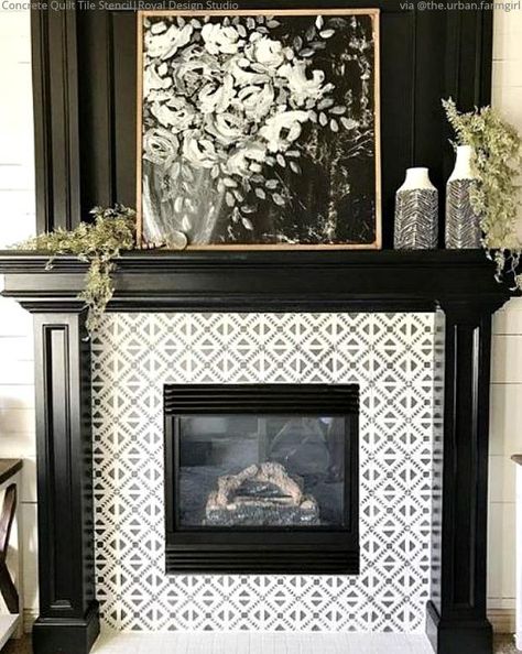 Black And White Fireplace, Tile Around Fireplace, Tile Fireplace, Brick Fireplace Makeover, Black Fireplace, White Fireplace, Tile Stencil, Corner Fireplace, Fireplace Remodel