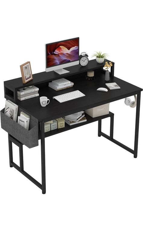 CAIYUN Computer Desk, Home Office Desk with Storage Shelf and Bookshelf Storage Bag, Study Table Writing Table Modern Design Simple Style Space Saving (39 inch, Black+Black) Wood Monitor Stand, Office Desk With Storage, Homework Desk, Simple Computer Desk, Desk Industrial, Large Computer Desk, Large Bookshelves, Small Computer Desk, Desks For Small Spaces