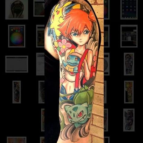 Pokemon Half Sleeve, wouldn't do it quite like this but boy am I inspired Misty Tattoo, Z Tattoo, Pokemon Tattoo, Color Tattoo, Half Sleeve, Tattoos And Piercings, Sleeve Tattoos, Half Sleeves, Watercolor Tattoo