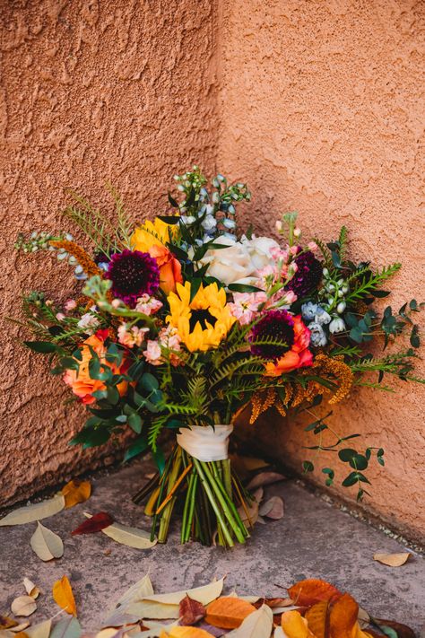 Southwest Wedding Flowers, Wedding Bouquet With Sunflowers, Mountain Wedding Flowers, Bouquet With Sunflowers, Colorado Flowers, Early Fall Weddings, Southwestern Wedding, Colorful Wedding Bouquet, Elopement Colorado