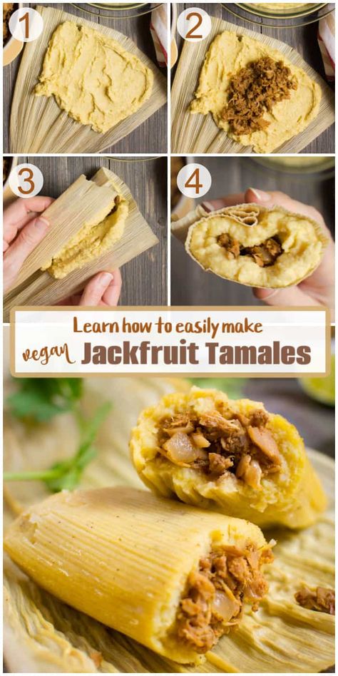 Jackfruit Tamales, Jackfruit Vegan Recipes, Vegan Tamales, Vegan Jackfruit, Jackfruit Recipes, Corn Husks, Tamale Recipe, Vegan Main Dishes, Vegan Cookbook