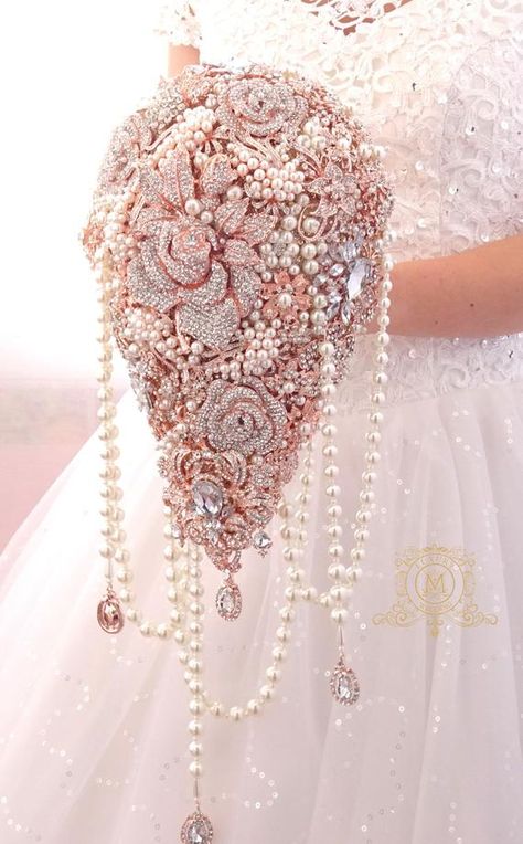 Extra long rose gold BROOCH BOUQUET teardrop cascading | Etsy Pearl Brooch Bouquet, Cascading Brooch Bouquet, Rose Gold Brooch Bouquet, Gold Wedding Bouquets, Lux Wedding, Renew Vows, Dress Brooch, Pearl Bouquet, Gold Bouquet