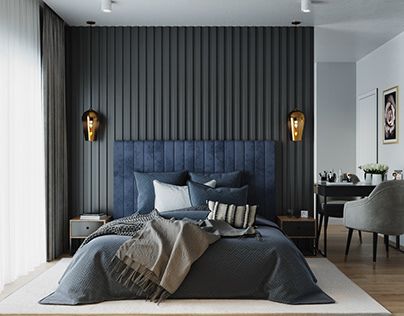 Modern Navy Blue Bedroom, Navy Blue Modern Bedroom, Modern Scandinavian Interior Bedroom, Black And Blue Bedroom Ideas, Modern House Bedroom Design, Blue And Black Bedroom Ideas, Blue Headboard Bedroom, Modern Blue Bedroom, Scandinavian Interior Bedroom