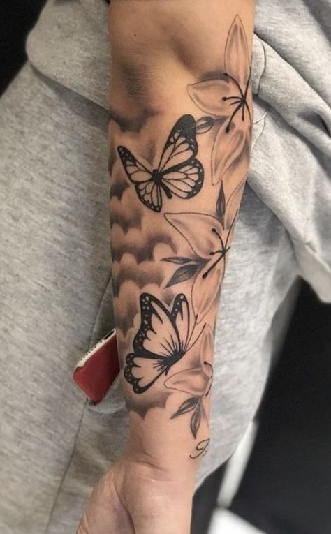 Butterfly Sleeve Tattoo, Butterfly With Flowers Tattoo, Butterfly Tattoos On Arm, Butterfly Tattoos For Women, Tattoos For Women Half Sleeve, Black Girls With Tattoos, Spine Tattoos For Women, Forearm Tattoo Women, Dope Tattoos For Women