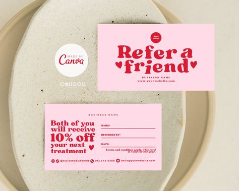 Love the design but need it in another size? Resize your template with this ADD ON listing: https://www.etsy.com/listing/1757710967 Designed with your needs in mind, this referral card template is here to effortlessly enhance your referral program. Whether you're a business owner looking to expand your customer base or a friend wanting to spread the word about an amazing product or service, this template has got you covered. Its eye-catching design and customizable features make it a breeze to c Client Referral Ideas, Referral Poster Design, Refer A Friend Promotion Ideas, Refer A Friend Promotion Design, Referral Card Design, Refer A Friend Card, Lash Referral Program, Salon Referral Cards, Lash Room Ideas