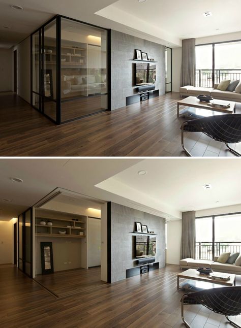 Retractable interior walls in apartment design Living Room Kitchen Partition, Modern Floors, Sliding Walls, Glass Partition Designs, Wall Partition Design, Open Kitchen And Living Room, Micro Apartment, Interior Design Per La Casa, 아파트 인테리어