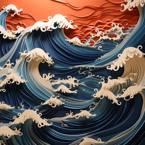 3d paper art, blue and orange, waves, high detail Waves 3d Art, Paper Waves, 3d Paper Art, Layered Art, 3d Craft, Water Waves, Art Blue, Illustration Inspiration, 3d Paper