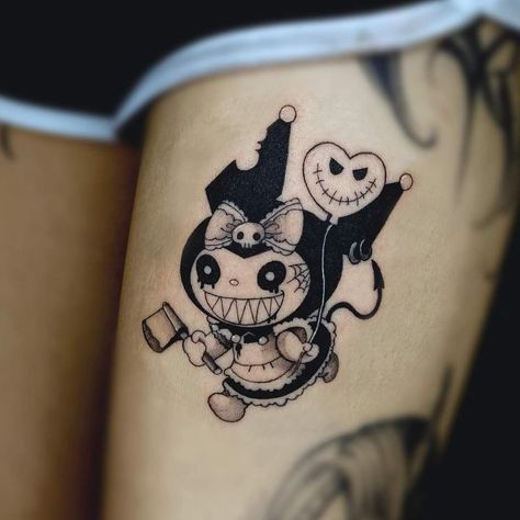 Goth Dog Tattoo, Goth Hello Kitty Tattoo, Cute Horror Tattoo, Kuromi Tattoo, Trippy Tattoo Ideas, Voodoo Doll Tattoo, Voodoo Tattoo, Cartoon Tattoo Ideas, Trippy Tattoo