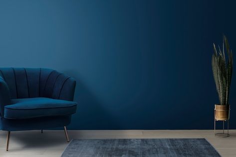 Blue Ottoman, Room Color Combination, Japandi Living Room, Retro Living Room, Japandi Interior Design, Dark Blue Walls, Japandi Living, Modern Living Room Interior, Retro Living Rooms