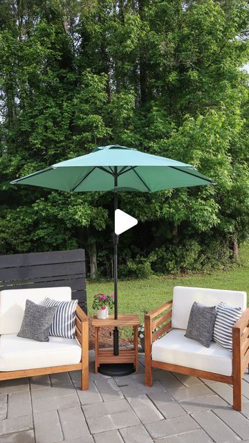 Angela | DIY + Design on Instagram: "✨ Comment TABLE STAND & I’ll send you the links for the umbrella, supplies used, and the step by step DIY umbrella stand table tutorial or get the links in my bio!   An easy, fun and functional way to display your patio umbrella!   #umbrellastand #patiodecor #patiofurniture #lowes #patioumbrella" Umbrella Stand Table, Patio Umbrella Ideas, Diy Umbrella, Deck Umbrella, Stand Table, Make A Table, Table Stand, Outdoor Umbrella, Small Patio