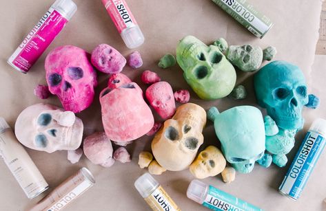 Colorful Skulls with DIY Flocking Powder and Spray Paint Diy Flocking Powder, Diy Flocking, Flocking Powder, Foam Props, Painting Station, Christmas Trimmings, Summer Pedicure, Colorful Skulls, Spray Paints