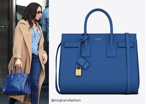 Saint Laurent Sac de Jour Bag in Royal Blue Leather aso Meghan Markle Royal Blue Bag Outfit Ideas, Ysl Blue Bag, Blue Saint Laurent Bag, Blue Bags Outfit, Turquoise Handbag Outfit, Outfits With Blue Bag, Royal Blue Bag Outfit, Blue Purse Outfit Ideas, Blue Bag Outfit Ideas