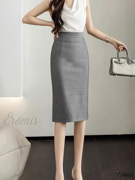 High-Waisted Bodycon Skirt with Knee-Length Midriff Dress, Elegant Office Wear, Elegant Bodysuit, Professional Skirt, Lace Playsuit, Business Skirt, Fashion Silhouette, Grey Skirt, Stretch Pencil Skirt